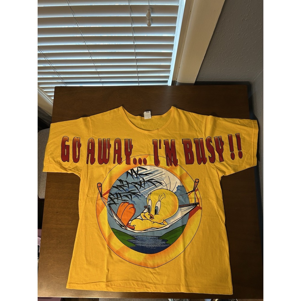 1997 Vintage Tweety Bird Shirt XXL Go Away Im Busy Looney Tunes USA MADE Yellow